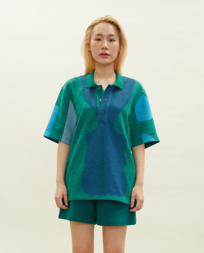 Green flat knit unisex polo shirt